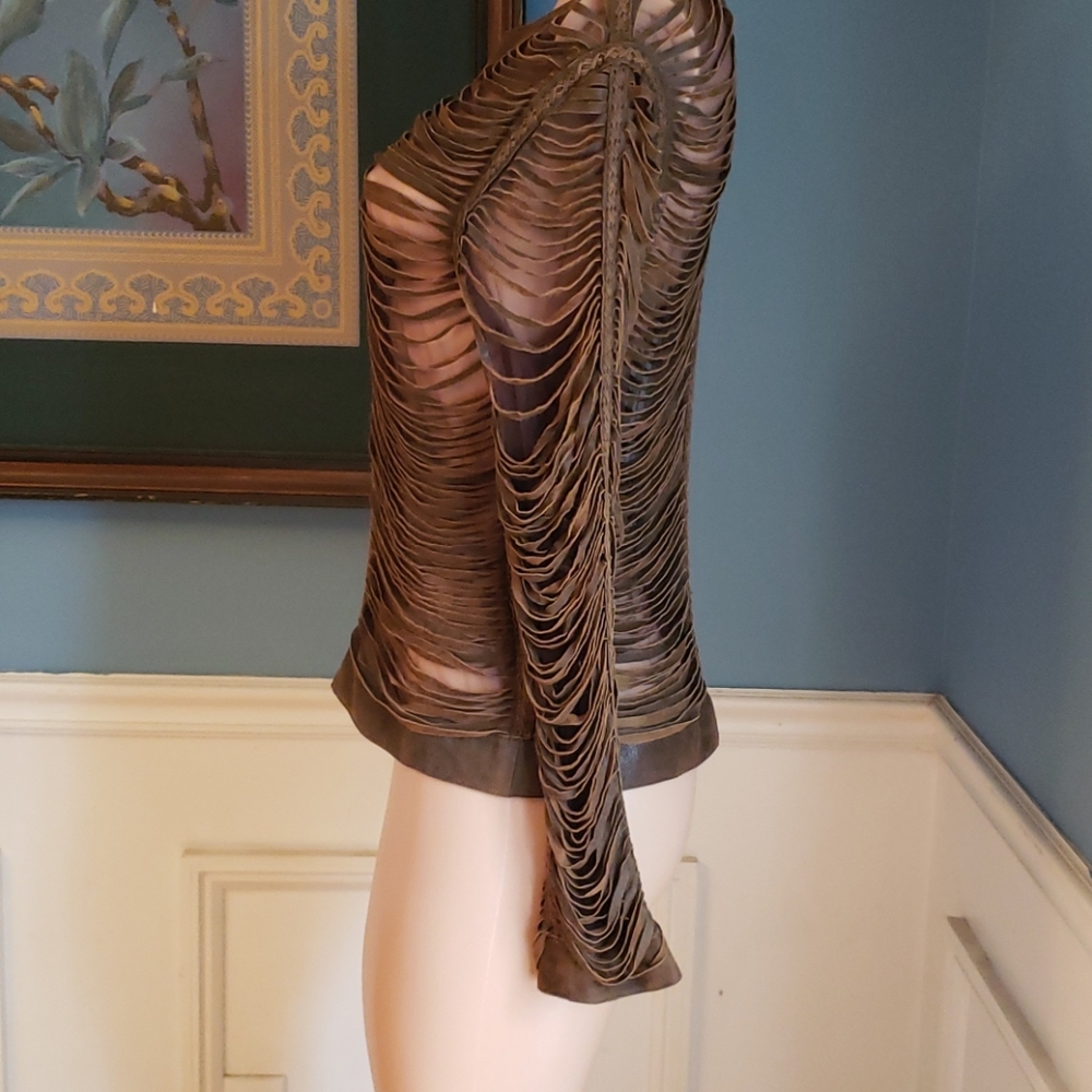 Natto leather shredded slashed mesh fringe jacket - Picture 3 of 12